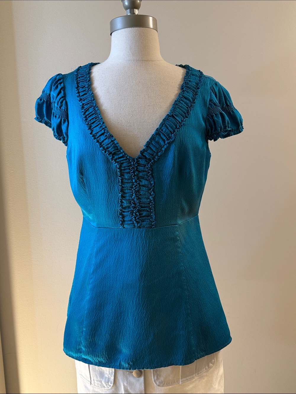 Nanette Lepore Teal Ruffle V-Neck Short Sleeve Top